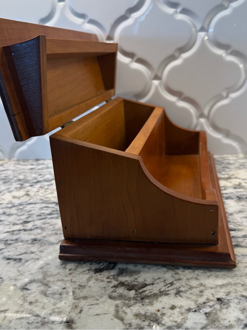 Vintage Wooden Desk Organizer Mail Sorter Letter Holder Hinged Lid Slanted Box
